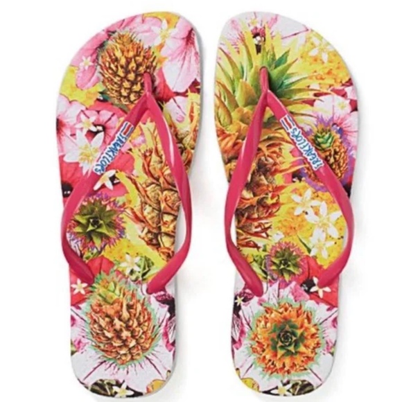 Freak Flops colourful flip flops sandals with flowers and pineapples NWT - Picture 1 of 6